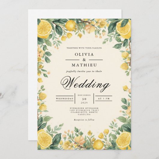 Yellow Floral Arch Romance Wedding 招待状 (正面/裏面)