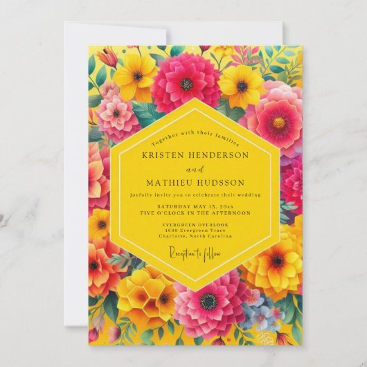 Yellow Floral Bloom Romance Wedding 招待状 (正面)