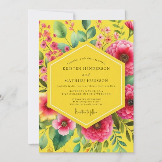 Yellow Floral Blossom Romance Wedding 招待状 (正面)