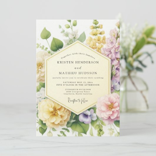 Yellow Floral Botanical Romance Wedding 招待状 (スタンド正面)