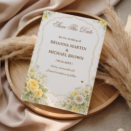 Yellow Floral Elegant Announcemen Wedding セーブザデート