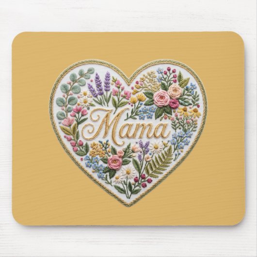 Yellow Floral Faux Embroidery Heart Mama マウスパッド (正面)