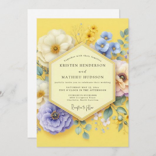 Yellow Floral Meadow Wedding 招待状 (正面/裏面)
