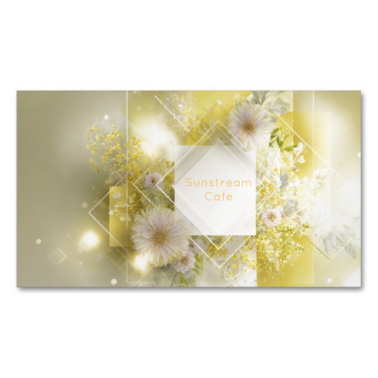 Yellow Floral Mimosa Geometric Diamond Frame マグネット名刺 (正面)