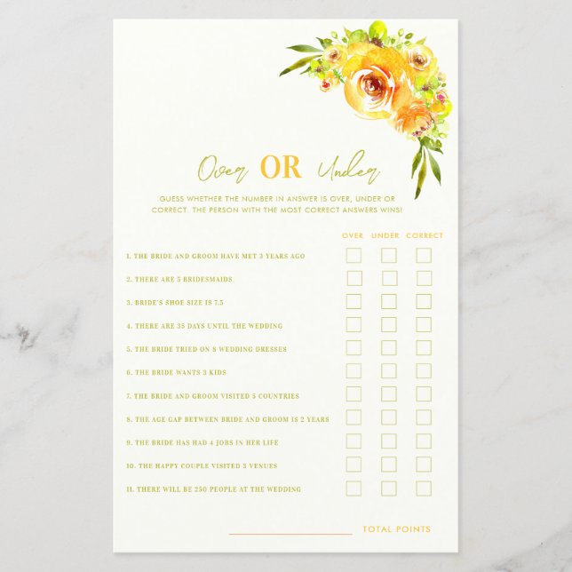 Yellow Floral Over or Under Bridal Shower Game (正面)
