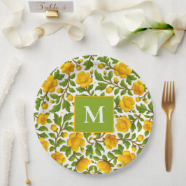Yellow Floral Pattern - Personalized Monogram ペーパープレート
