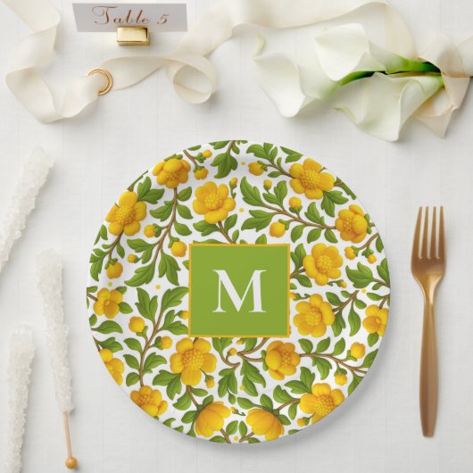 Yellow Floral Pattern - Personalized Monogram ペーパープレート (ウェディング)