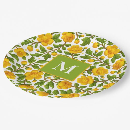 Yellow Floral Pattern - Personalized Monogram ペーパープレート (アングル)