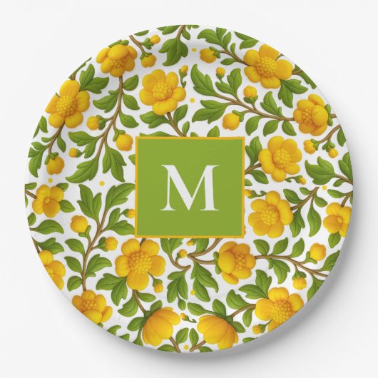 Yellow Floral Pattern - Personalized Monogram ペーパープレート (正面)