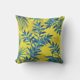 Yellow floral pillow with vibrant blue and green  クッション