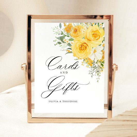 Yellow Floral Rose Cards & Gifts Wedding Table 台座サイン