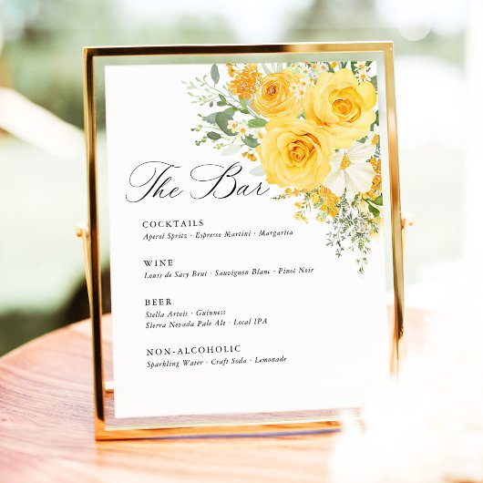 Yellow Floral Rose Wedding Bar Menu 台座サイン