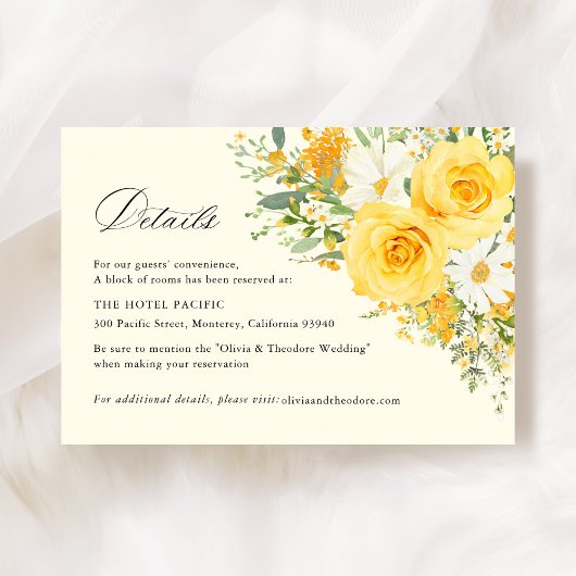 Yellow Floral Rose Wedding Hotel Details エンクロージャーカード