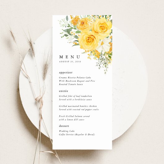 Yellow Floral Rose Wedding Reception Dinner Menu  メニュー