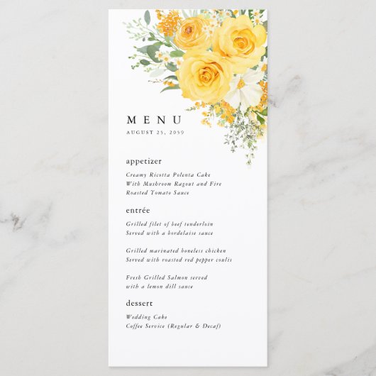 Yellow Floral Rose Wedding Reception Dinner Menu メニュー (正面)
