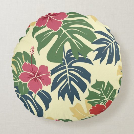 Yellow Floral Tropical Round Pillow ラウンドクッション (正面)