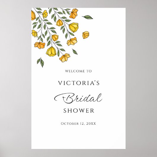 Yellow Floral Vine Bridal Shower Welcome Sign ポスター (正面)