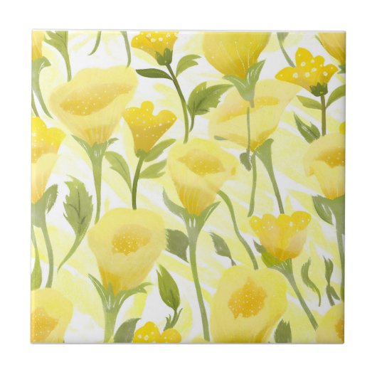 Yellow Floral Watercolor Painting タイル (正面)