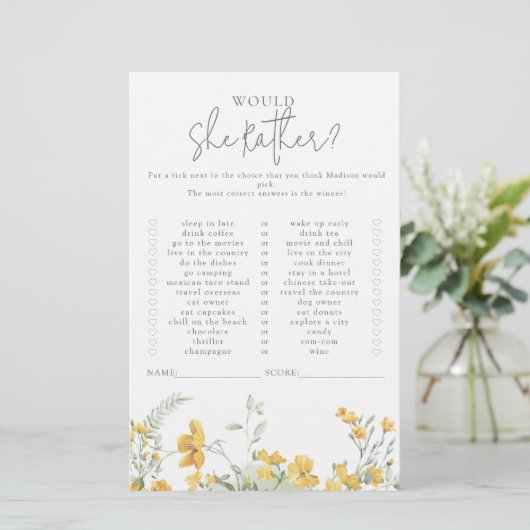 Yellow Floral | Would She Rather Baby Shower Game (スタンド正面)