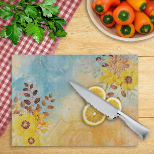 Yellow Flower Blue Marble Watercolor Shabbat カッティングボード