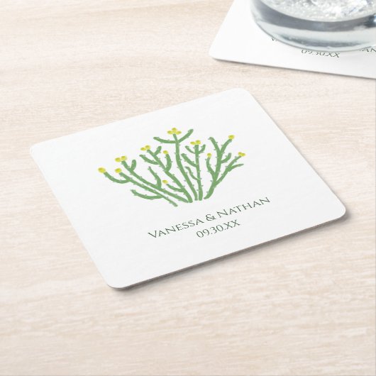 Yellow Flower Cholla Cactus Wedding Cocktail Hour スクエアペーパーコースター (アングル)