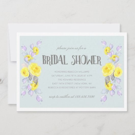 Yellow flowers and lilac foliage bridal shower 招待状 (正面)