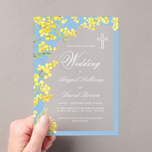 Yellow Flowers Arch on Blue Religious Wedding アクリル招待状 (インサイチュ (ポータブル))
