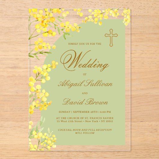 Yellow Flowers Lavender Arch Religious Wedding アクリル招待状 (正面)
