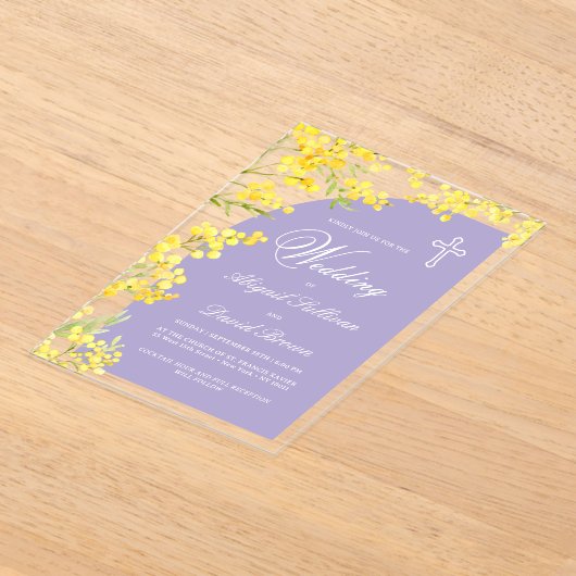 Yellow Flowers Lavender Arch Religious Wedding アクリル招待状 (レイダウン)
