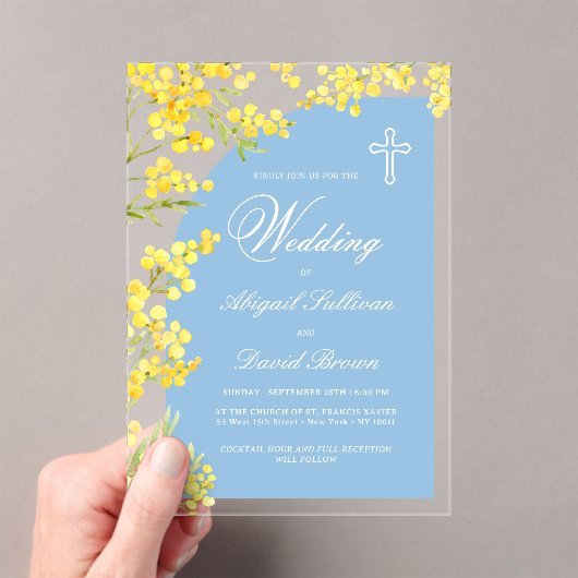 Yellow Flowers Light Blue Arch Religious Wedding アクリル招待状 (インサイチュ (ポータブル))