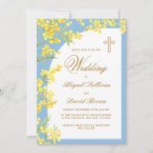Yellow Flowers on Light Blue Religious Wedding 招待状 (正面)