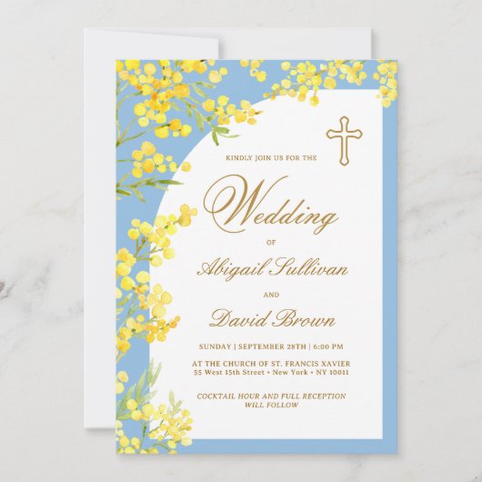 Yellow Flowers on Light Blue Religious Wedding 招待状 (正面)