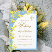 Yellow Flowers on Light Blue Religious Wedding 招待状