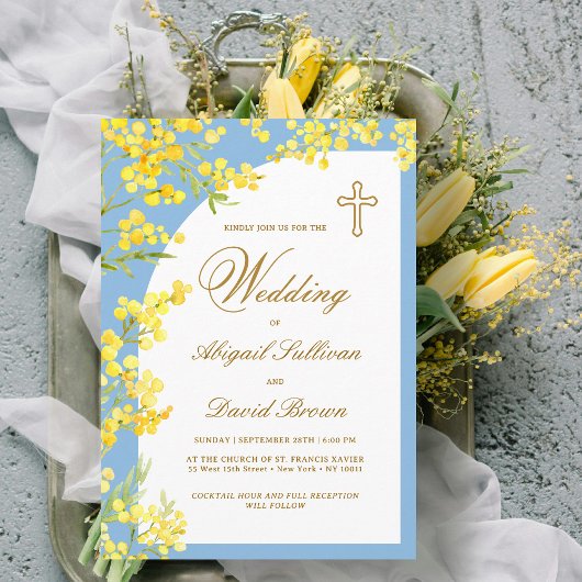 Yellow Flowers on Light Blue Religious Wedding 招待状