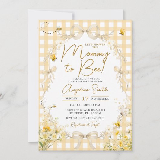 Yellow Gingham Bee Baby Shower Invitation 招待状 (正面)