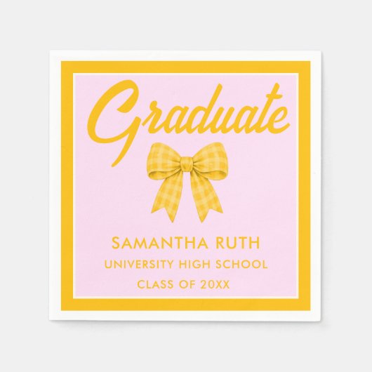 Yellow Gingham Bow Graduation Party スタンダードカクテルナプキン (正面)