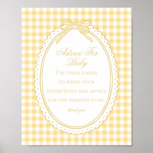 Yellow Gingham Coquette Bow Advice for Baby Shower ポスター (正面)