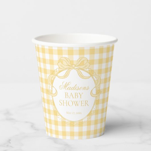 Yellow Gingham Coquette Bow Baby Shower 紙コップ (正面)