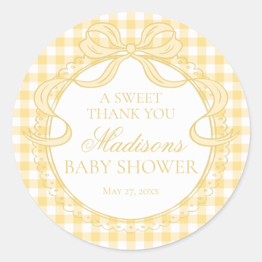 Yellow Gingham Coquette Bow Baby Shower Favor ラウンドシール (正面)