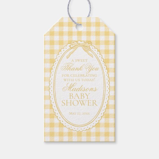 Yellow Gingham Coquette Bow Baby Shower Favors ギフトタグ (正面)