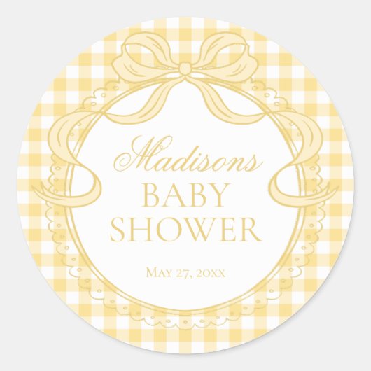 Yellow Gingham Coquette Bow Baby Shower Seal ラウンドシール (正面)