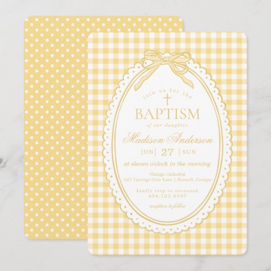 Yellow Gingham Coquette Bow Baptism 招待状 (正面/裏面)