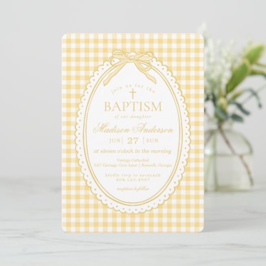 Yellow Gingham Coquette Bow Baptism 招待状 (スタンド正面)