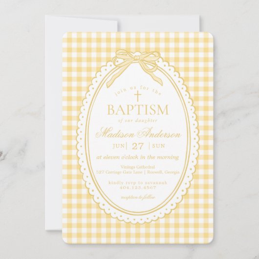 Yellow Gingham Coquette Bow Baptism 招待状 (正面)