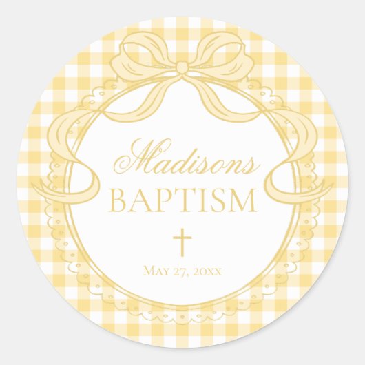 Yellow Gingham Coquette Bow Baptism Envelope Seal ラウンドシール (正面)