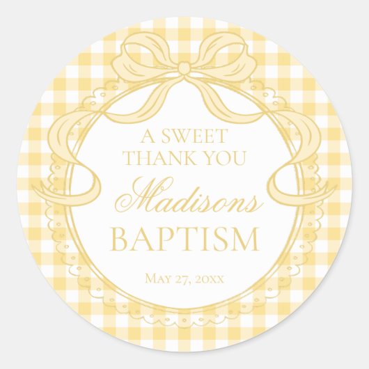 Yellow Gingham Coquette Bow Baptism Favor ラウンドシール (正面)