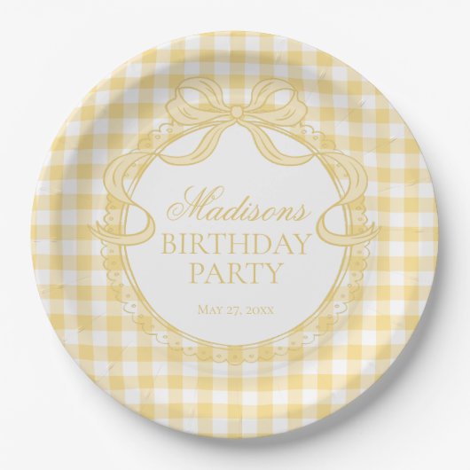 Yellow Gingham Coquette Bow Birthday Party ペーパープレート (正面)