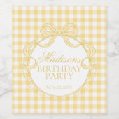 Yellow Gingham Coquette Bow Birthday Party ワインラベル (シングルラベル)