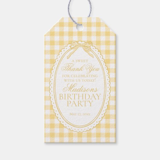 Yellow Gingham Coquette Bow Birthday Party Favors ギフトタグ (正面)