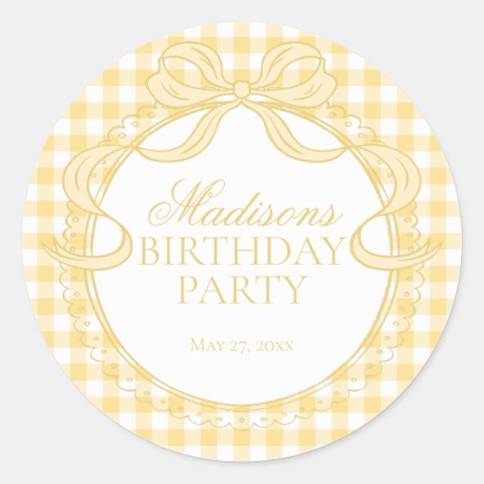Yellow Gingham Coquette Bow Birthday Seal ラウンドシール (正面)